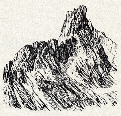 Federzeichnung von Professor Dr. Eduard Imhof: Kleiner Drusenturm in den Rhätischen Alpen