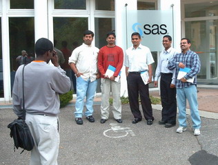 Teilnehmer vom Internationalen Masterstudiengang bei SAS in Heidelberg: Benjamin Sarfo Okrah, Prakhya Pavankumar, Sambasivarao Mandadi, Manoharan Madhan, Mahender Raj Rajendran, Gollapalli Hari Prased Reddy (v. l.)